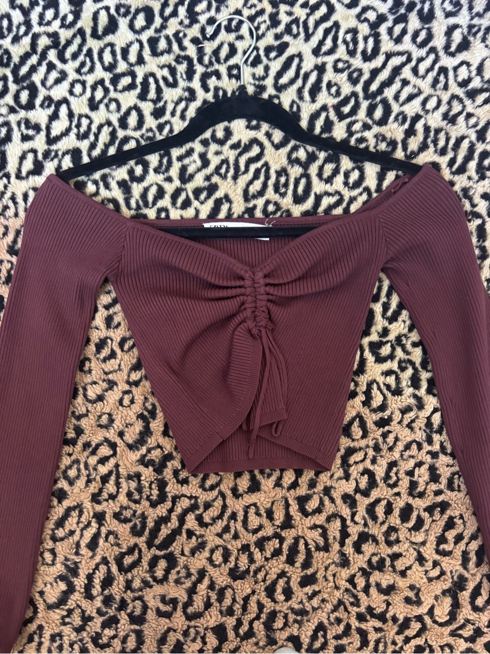 Zara Burgundy Off-Shoulder Ruched Drawstring Crop Top